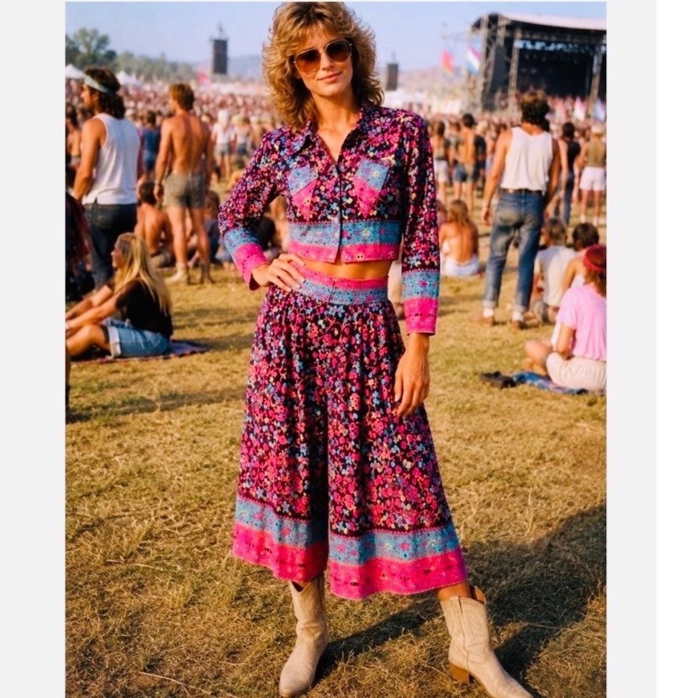 Vtg 80's Faith 2 Piece Small Floral Sequin Crop Jacket Wide Leg Pants new wave
